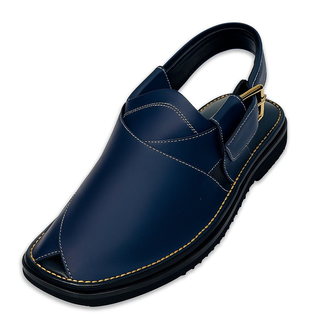 Classic Navy Blue Leather Peshawari Sandals – Handcrafted Elegance