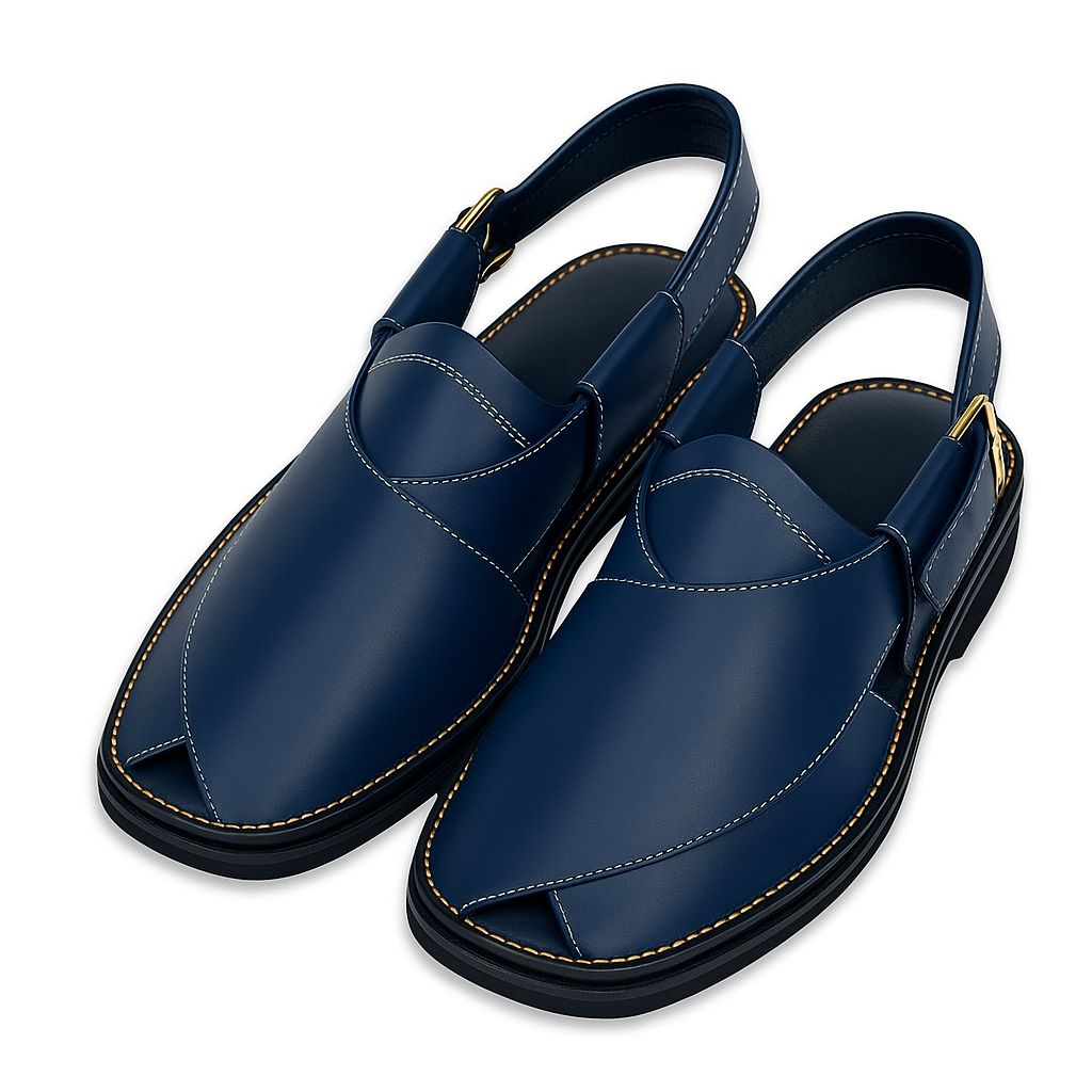 Classic Navy Blue Leather Peshawari Sandals – Handcrafted Elegance