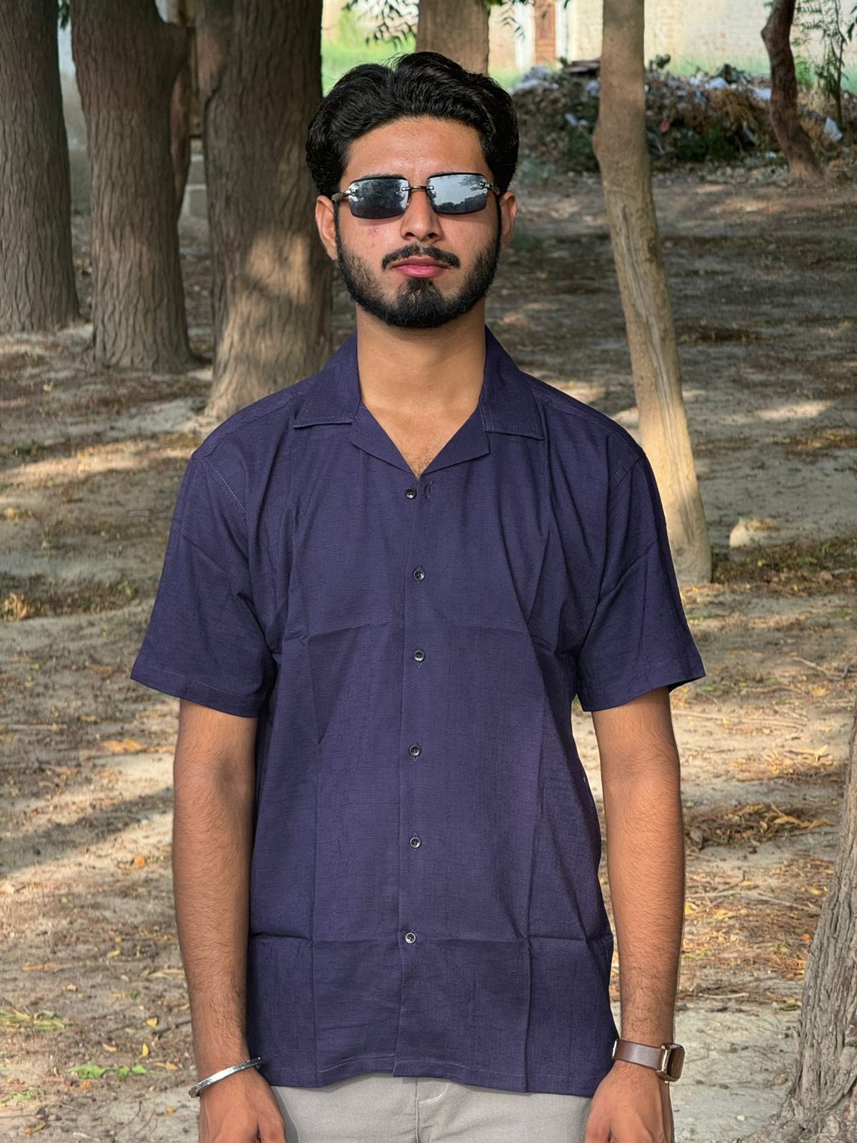 purple shade Cuban Collar Label Shirt