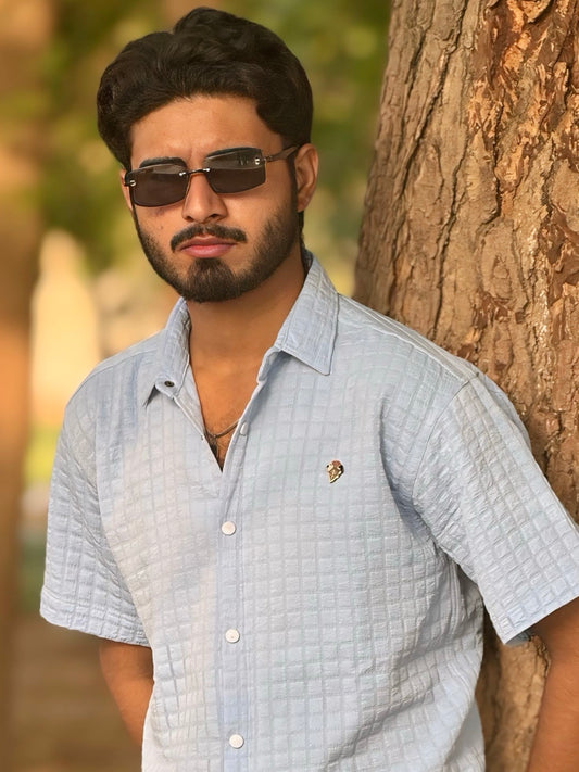 CUBAN COLLAR SHIRT (BLUE) WITH ROYAL BADGE