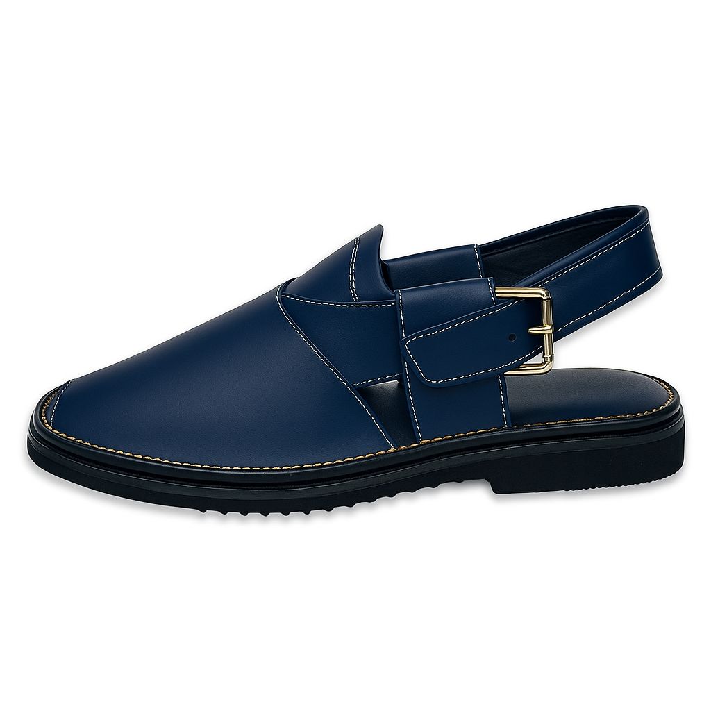 Classic Navy Blue Leather Peshawari Sandals – Handcrafted Elegance