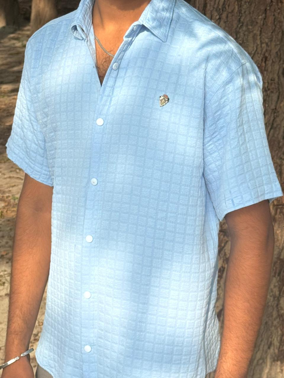 CUBAN COLLAR SHIRT (BLUE) WITH ROYAL BADGE