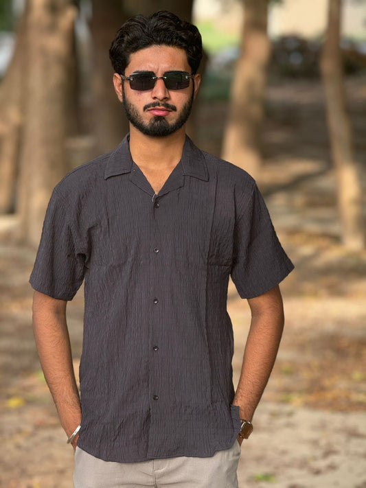 Black Cuban Collar Label Shirt